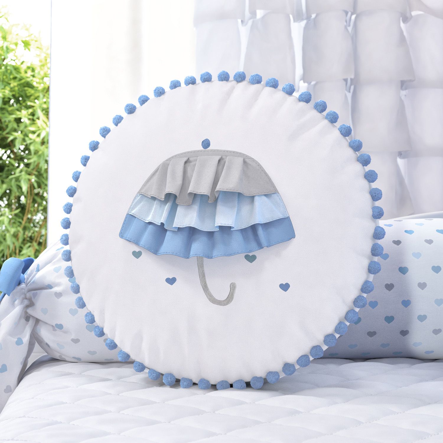 Almofada Redonda Pompom Guarda-Chuva Azul 35cm